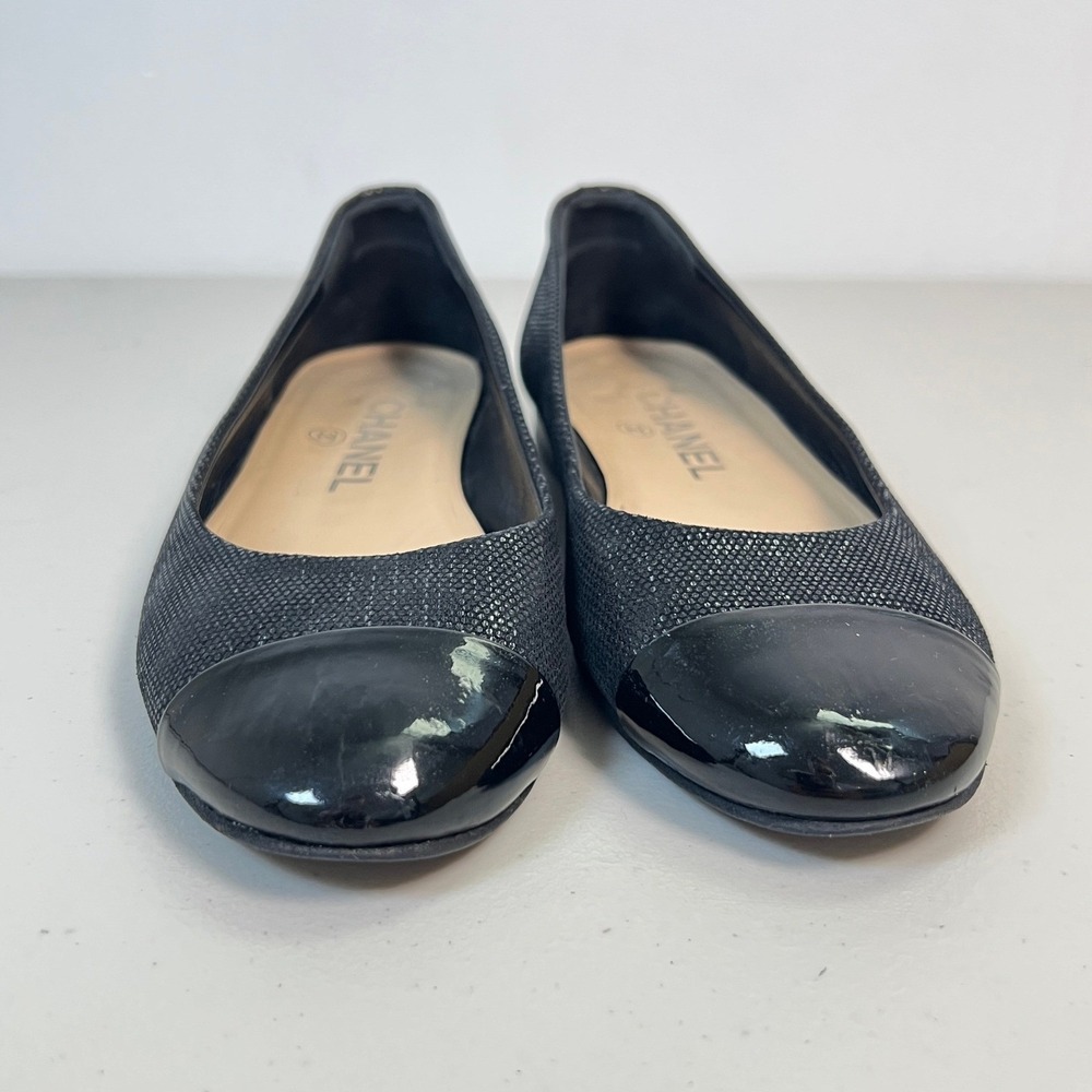 100% Authentic Chanel Black Leather Cap Toe Ballet Flats Shoes Size 35.5 5.5 - Picture 8 of 13